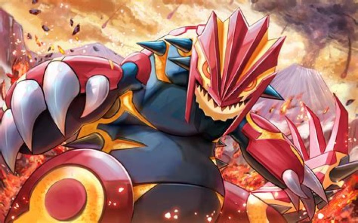 Groudon standing in front of a volcano.
